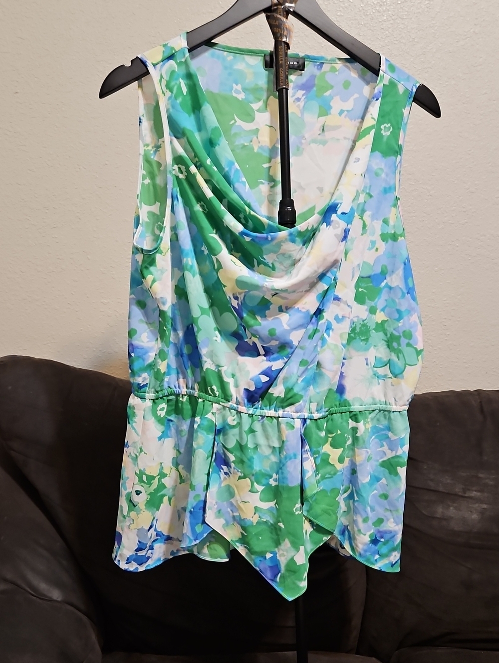 Spense Blue Green White Floral Draped Peplum Tank